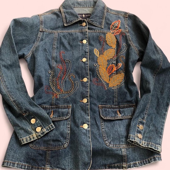 Jackets & Blazers - Y2K Embroidered jean denim fitted jacket floral leaf Cottagecore Western Boho